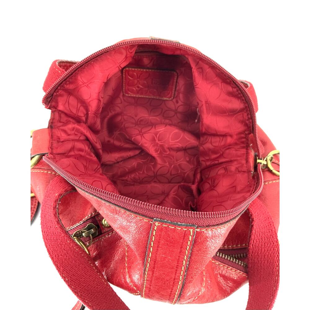 Fossil Y2K Red Leather Satchel Crossbody Bag Brass Hardware - Picture 7 of 15